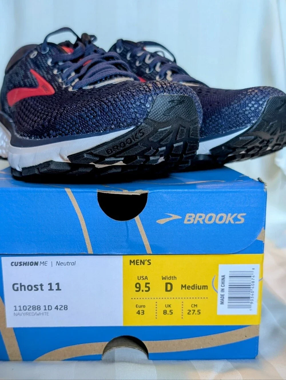 NEW Brooks Ghost 11 Men's 9.5 D Running Shoes Navy Red White w/ Box